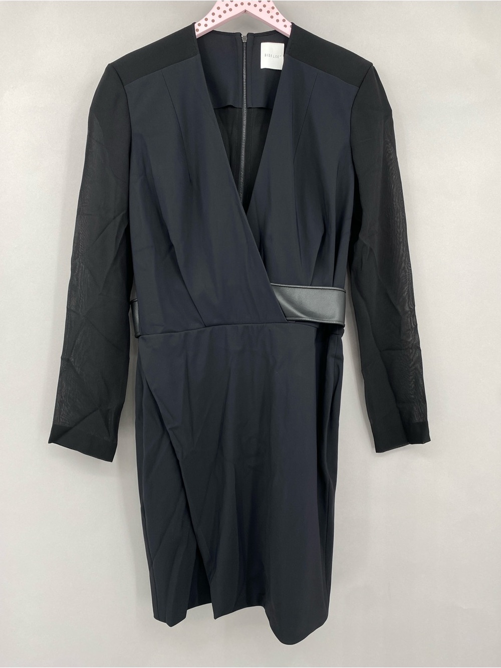 Dion Lee Black Sheath Dress Size 6 Faux Wrap‎ Long Mesh Sleeve Silk Faux Leather